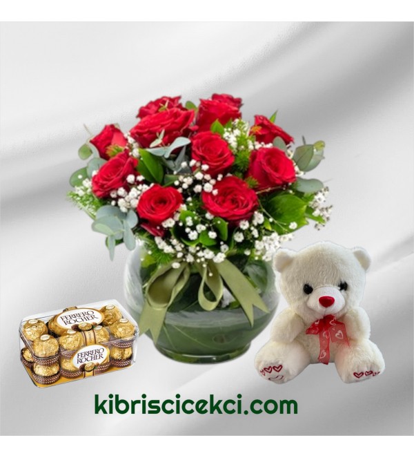 Akvaryumda 11 Kırmızı Gül Ayıcık 16'lı Ferrero Çikolata